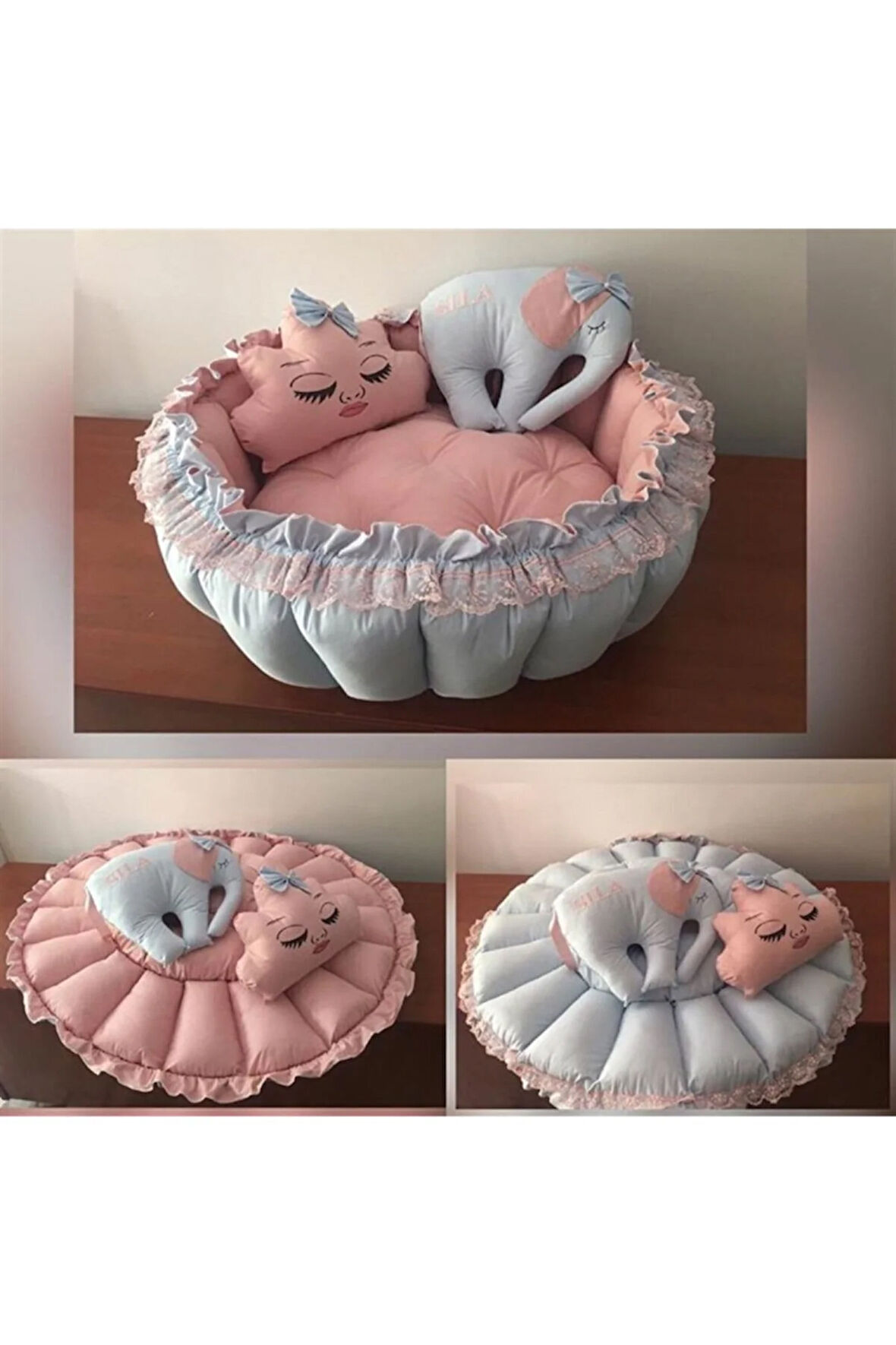 Mavi - Pudra Tasarım Açılır Kapanır Oyun Minderi Bebek Yuvası Jaju-babynest Anne Yanı