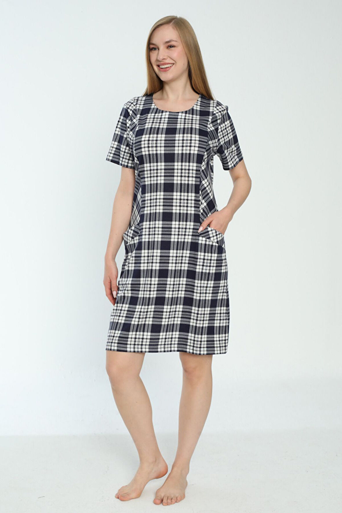 Kadın Ekose Desenli Kısa Kollu Cepli Elbise