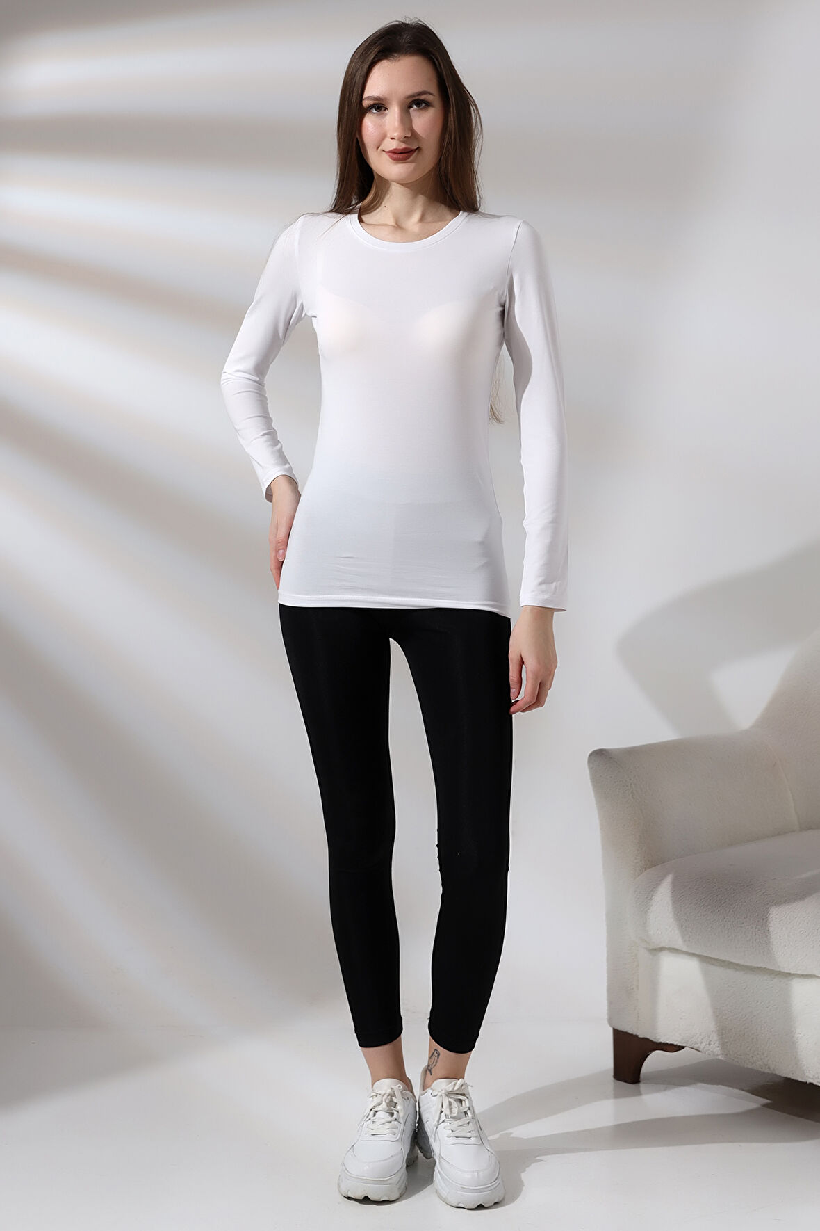 Uzun Kol Bisiklet Yaka Penye Kompakt Bady 19646 BEYAZ