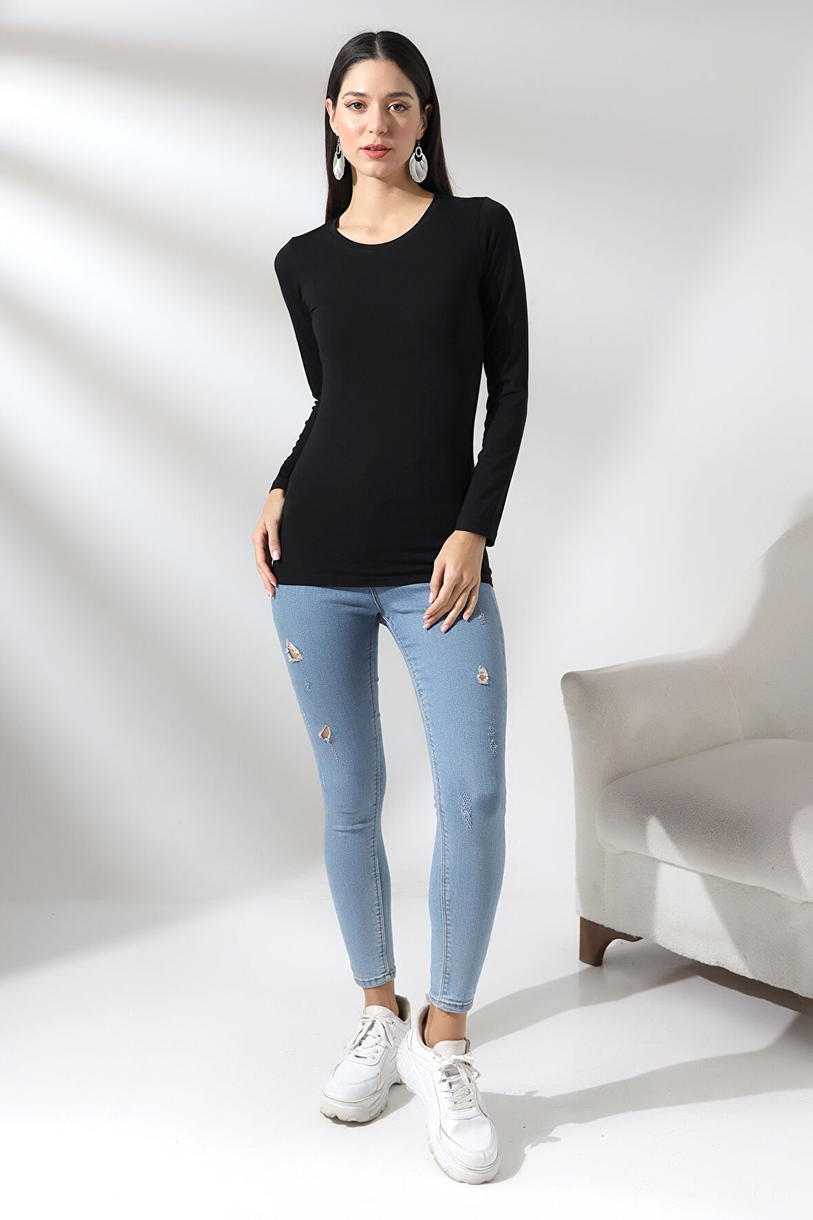 Uzun Kol Bisiklet Yaka Penye Kompakt Bady 19646 SİYAH