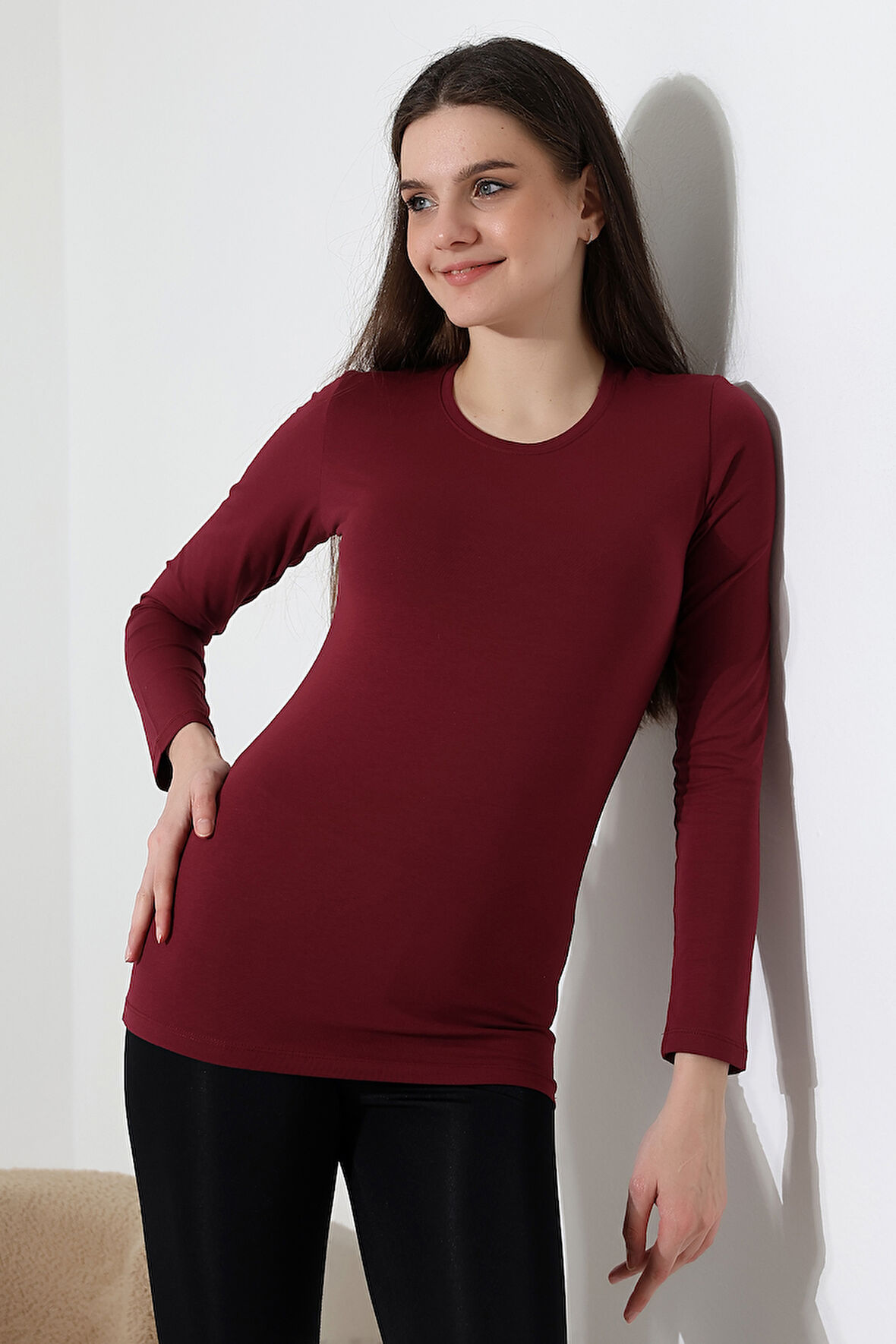 Uzun Kol Bisiklet Yaka Penye Kompakt Body 19646 BORDO