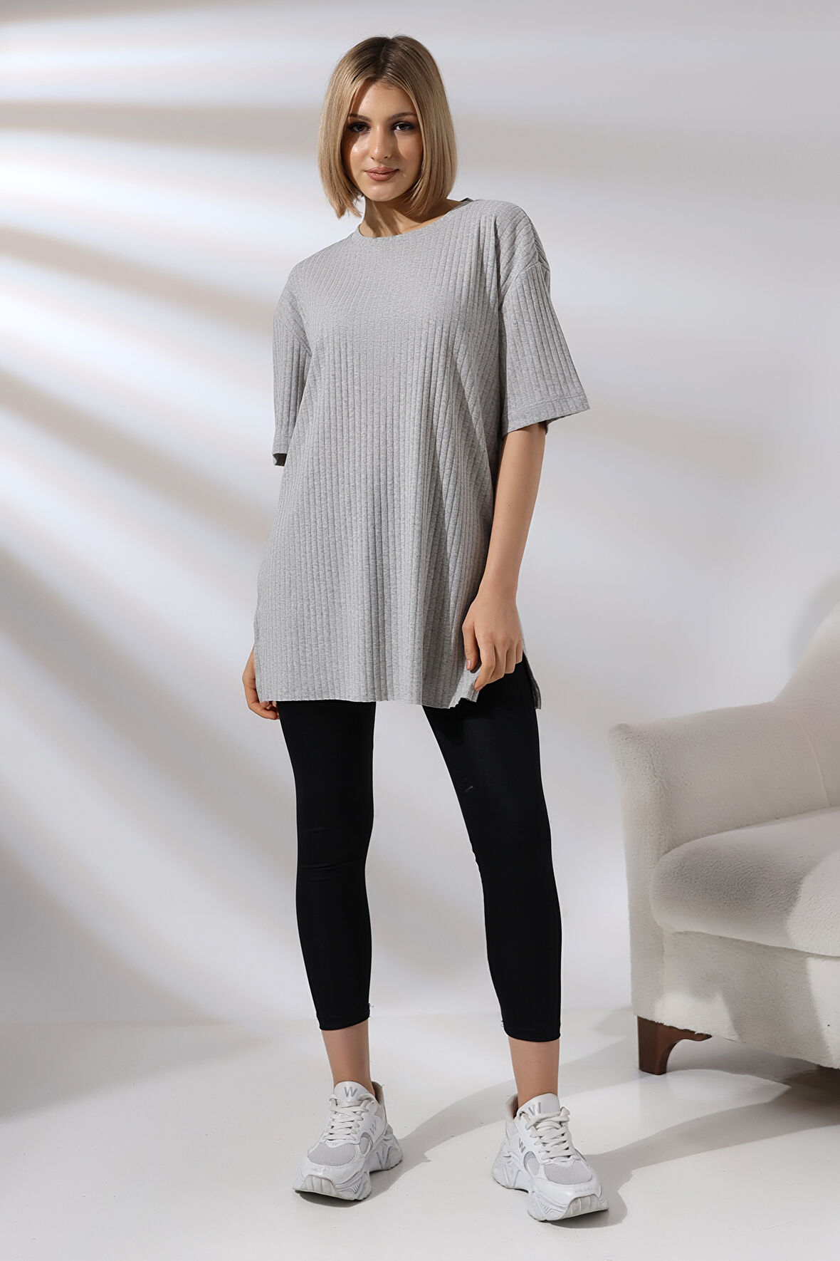 Oversize Yırtmaçlı Raporlu Tunik T-shirt 21493 GRİMELANJ