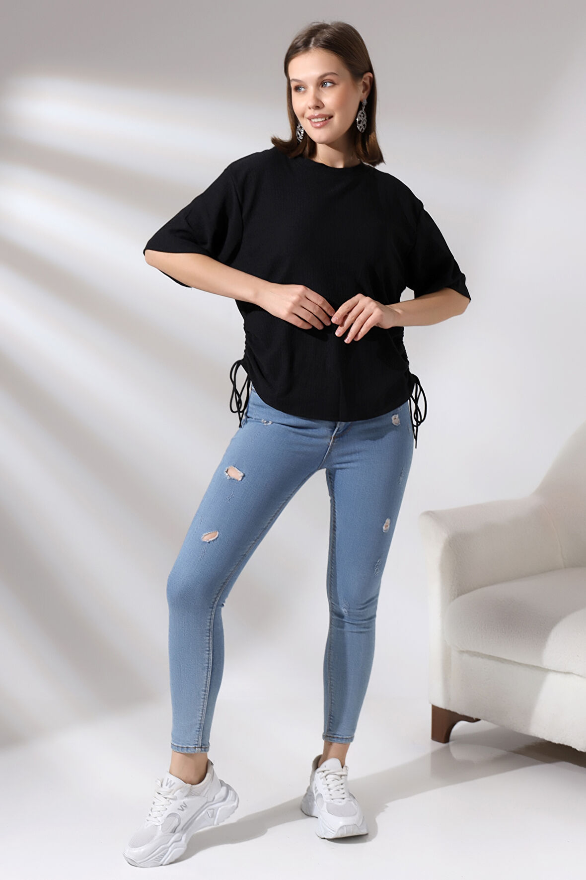 Bürümcük Kumaş Yanları Büzgülü Salaş T-Shirt 21118 SİYAH