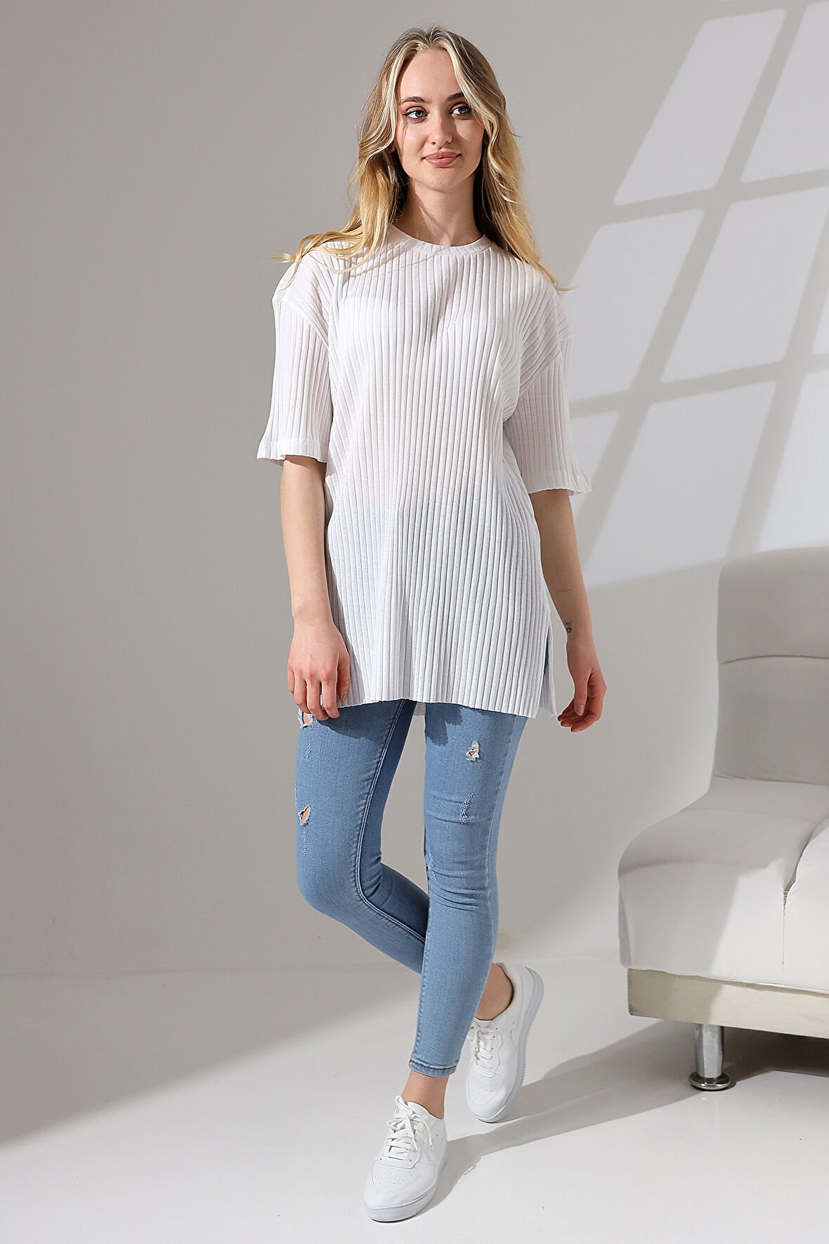 Oversize Yırtmaçlı Raporlu Tunik T-shirt 21493 BEYAZ