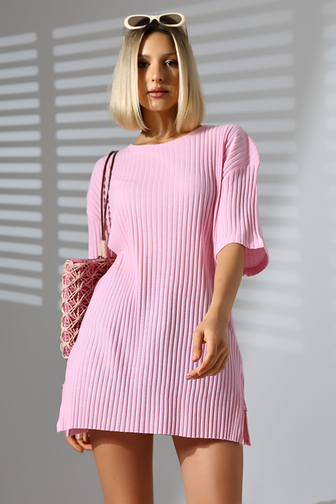 Oversize Yırtmaçlı Raporlu Tunik T-shirt 21493 PEMBE