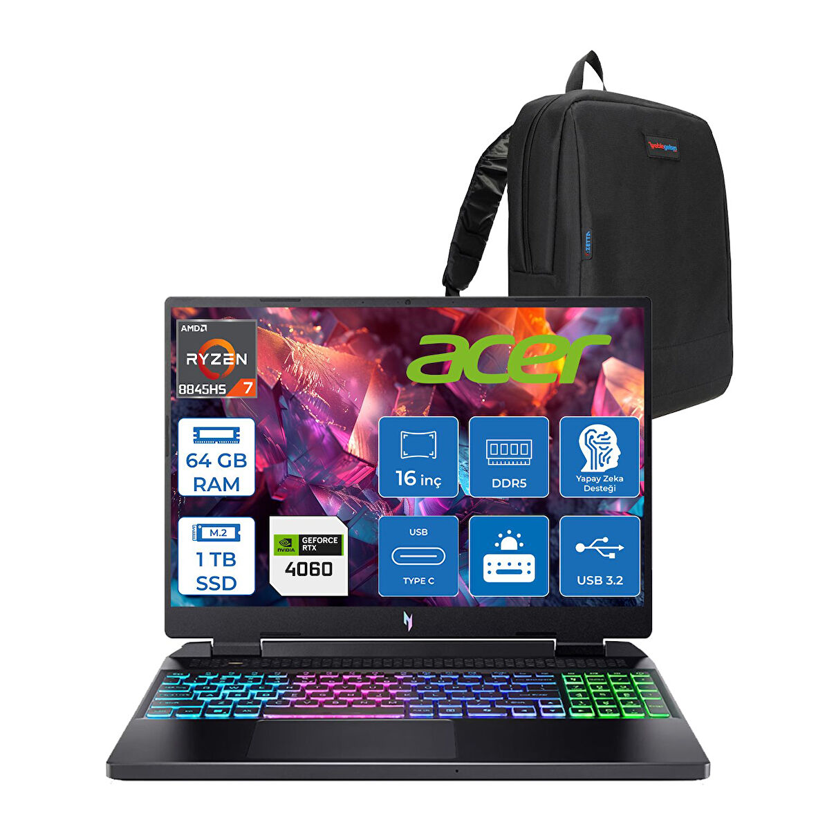 Acer Nitro 16 AN16-42 Amd R7 8845HS Aı 64GB Ddr5 1tb SSD 8GB/RTX4060 140W 16" Wuxga 180Hz IPS Freedos Taşınabilir Bilgisayar NHQSKEY004F18+ZETTAÇANTA
