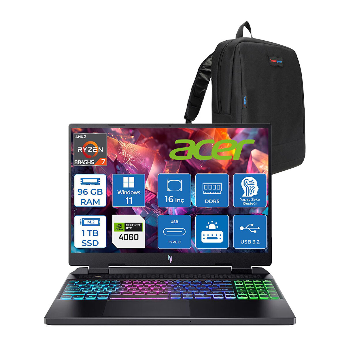 Acer Nitro 16 AN16-42 Amd R7 8845HS Aı 96GB Ddr5 1tb SSD 8GB/RTX4060 140W 16" Wuxga 180Hz IPS Windows 11 Pro Taşınabilir Bilgisayar NHQSKEY004P28+ZETTAÇANTA