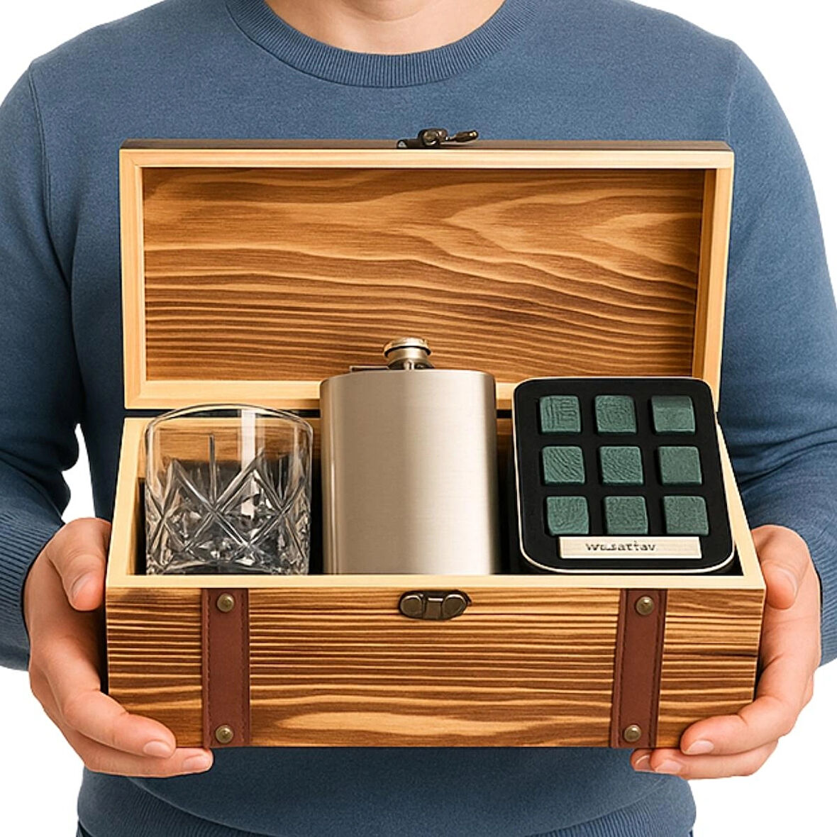 Paris Viski Bardağı 9 Adet Viski Taşı 8 Oz Cep Matarası Sandıklı Set