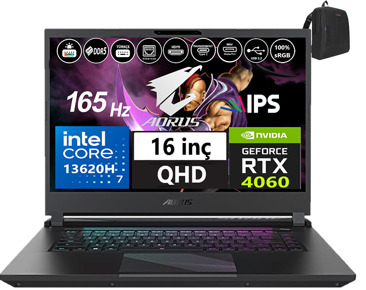 Gigabyte Aorus 15 Bkf Intel Core I7-13620H 48GB Ddr5 4tb SSD 8GB/RTX4060 140W WINDOWS11HOME 15.6" 165Hz Qhd IPS Taşınabilir Bilgisayar GB15ARSH3TR75W32+WEBLEGELSINÇANTA