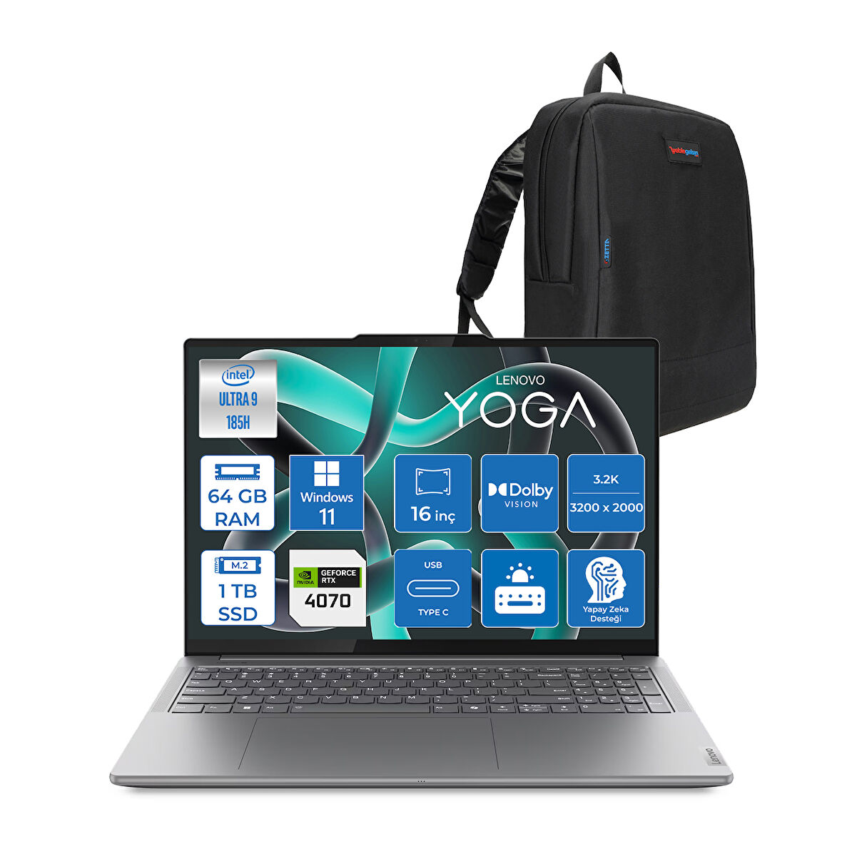 Lenovo Yoga Pro 9 16IMH9 Intel Ultra 9 185H Aı 64GB Ddr5 1tbssd 8GB/RTX4070 16" 6" 3.2k (3200X2000) 1200NITS 165Hz Dokunmatik Windows 11 Home Taşınabilir Bilgisayar 883DN007GTRH03+ZETTAÇANTA