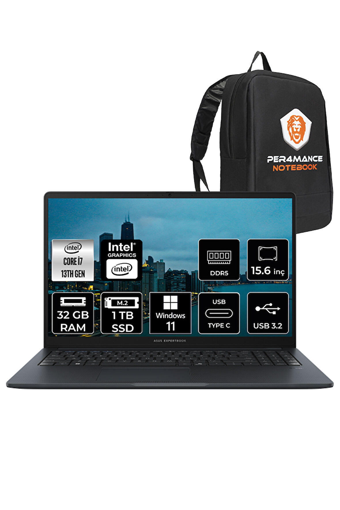 Asus Expertbook B1503CVA i7 1355U 32GB DDR5 1TB SSD 15.6" FHD W11H DİZÜSTÜ BİLGİSAYAR & PER4 ÇANTA