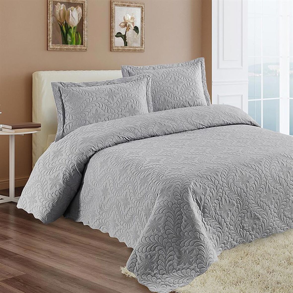 Reyo Home Lily Gri Microfiber Kapitone Çift Kişilik Yatak Örtüsü 23415