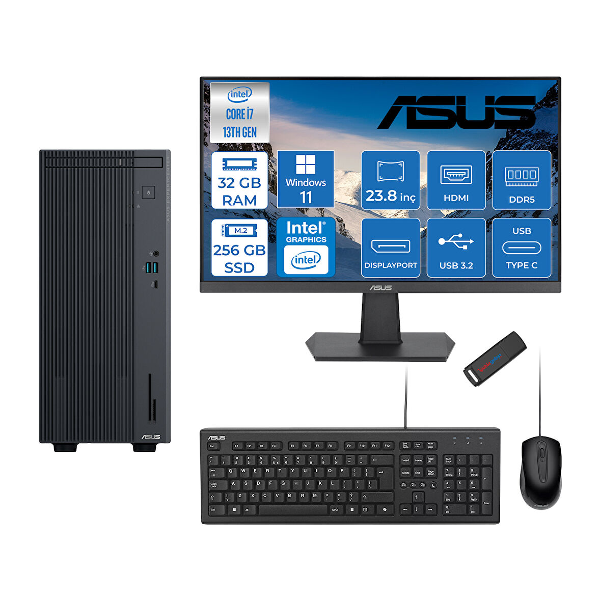 Asus Expertcenter P500MV Intel Core I7-13620H 32GB Ddr5 256GB SSD WIN11PRO 100Hz 23.8 IPS Mon. Minitower Masaüstübilgisayar WB7136216512B0DW11+ZETTAUSBBELLEK