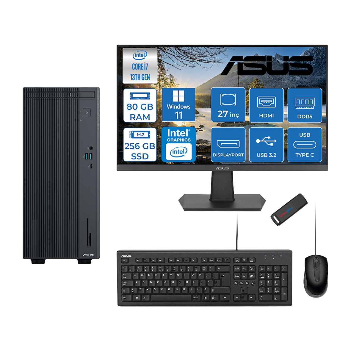 Asus Expertcenter P500MV Intel Core I7-13620H 80GB Ddr5 256GB SSD WIN11HOME 100Hz 27" IPS Mon. Minitower Masaüstübilgisayar WC7136216512B0DH26+ZETTAUSBBELLEK