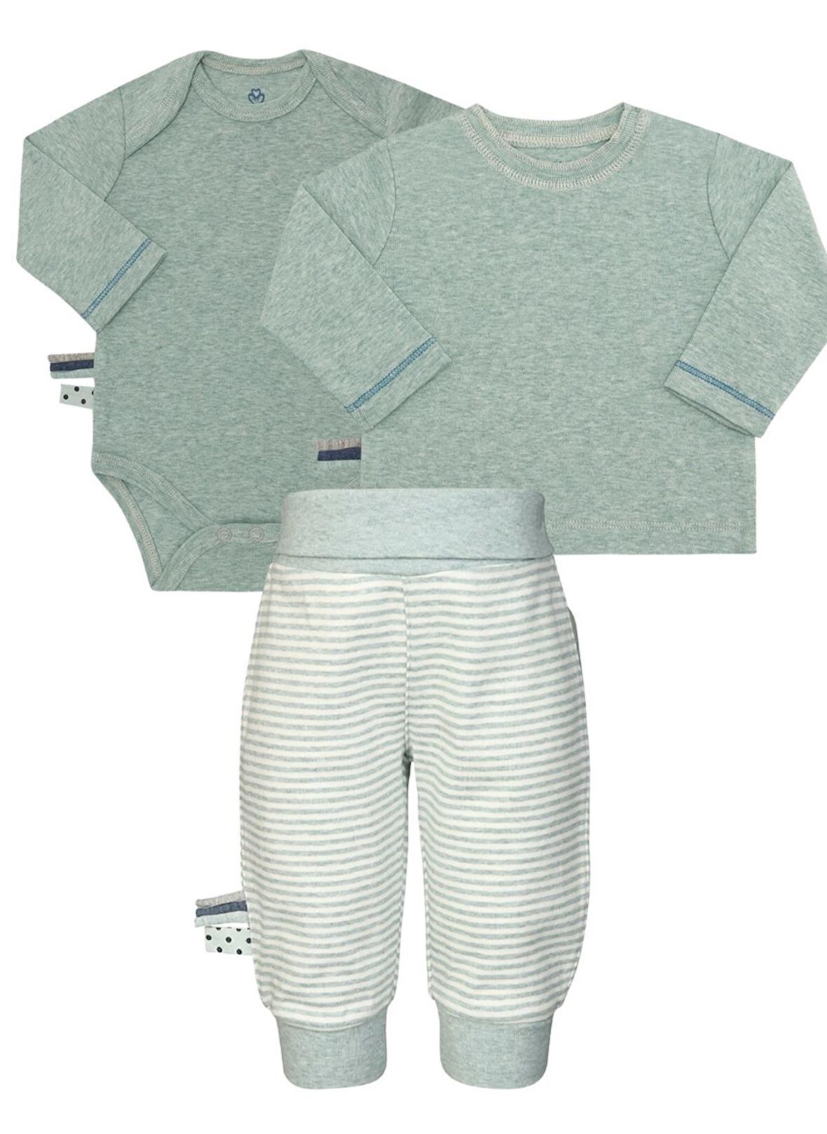 OrganicEra Organik Uzun Kollu Body, Tshirt,Beli Katlamalı Pantolon , 3'lu Set,Aqua Melanj