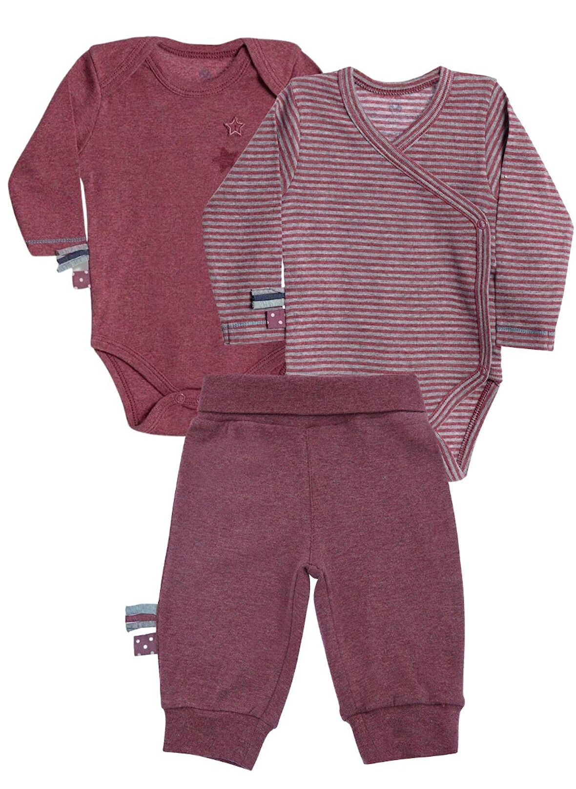 OrganicEra Organik Uzun Kollu Body, Kimono Yaka Body,Beli Katlamalı Pantolon , 3'lu Set,Bordo Melanj