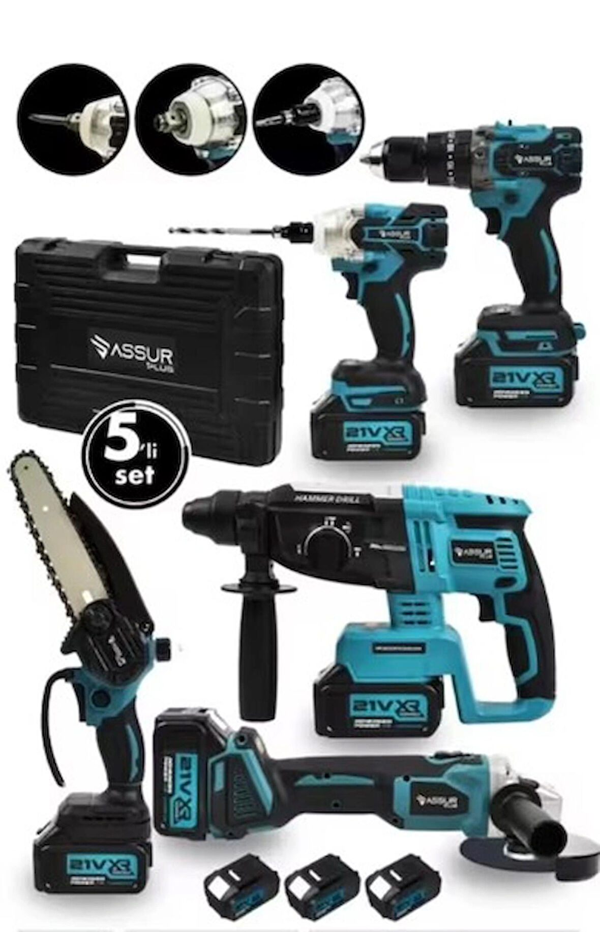 @ssur Profesyonel 21v Akülü 5 li Set Kırıcı Delici Hilti Taşlama Somun Sıkma Akülü Vidalama Budama Testere