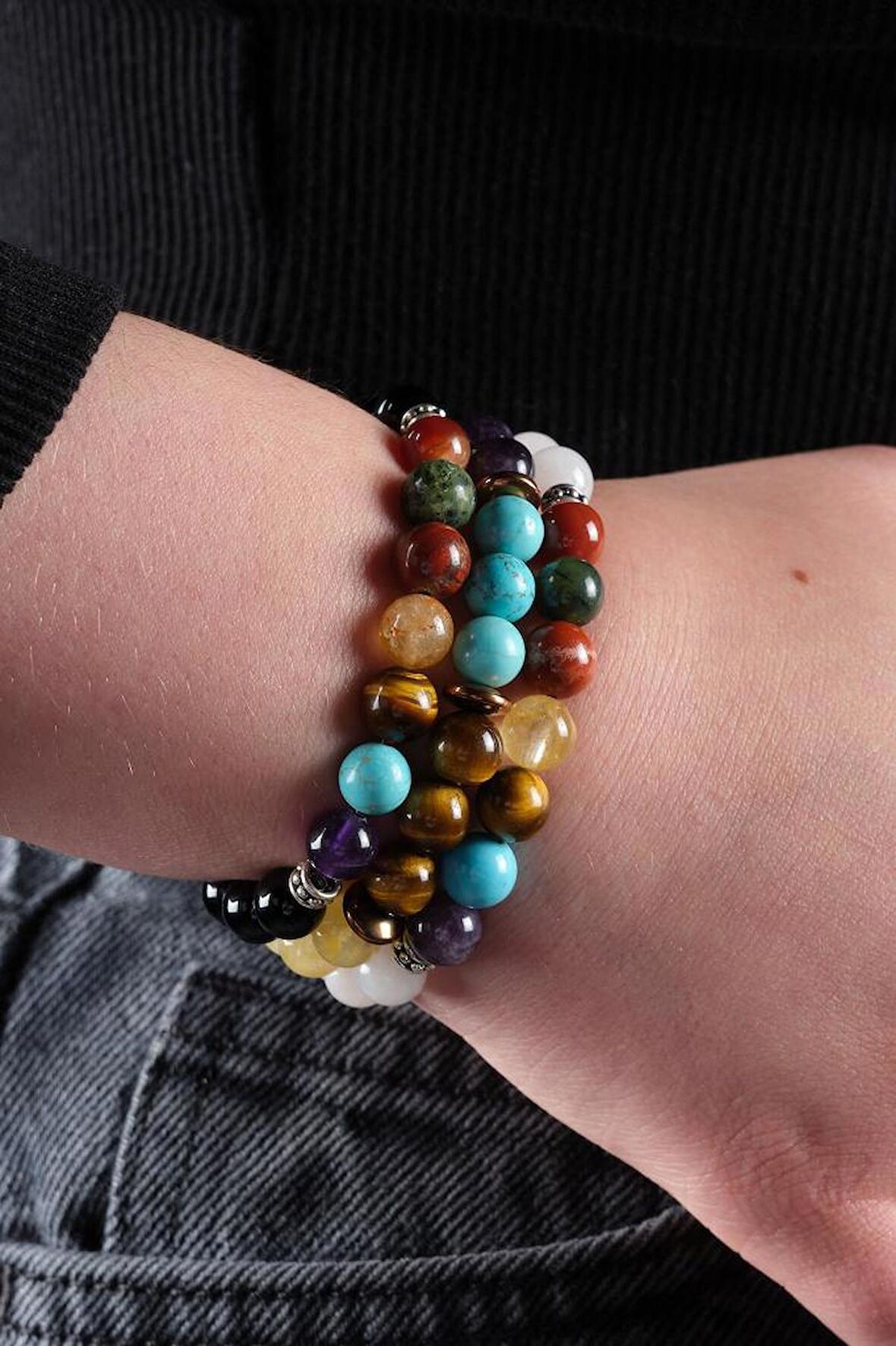 Sertifikalı Çakra Kadın Doğal Taş Set Bileklik Pembe Kuvars Yeşim Taşı Sitrin Ametist Akik 8mm