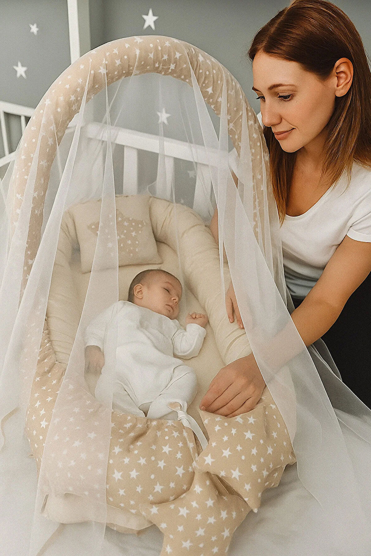 Kahve Yıldız Cibinlik Tül ve Oyuncak Askılı Jaju Babynest Anne Yanı Lüx Bebek Yatağı