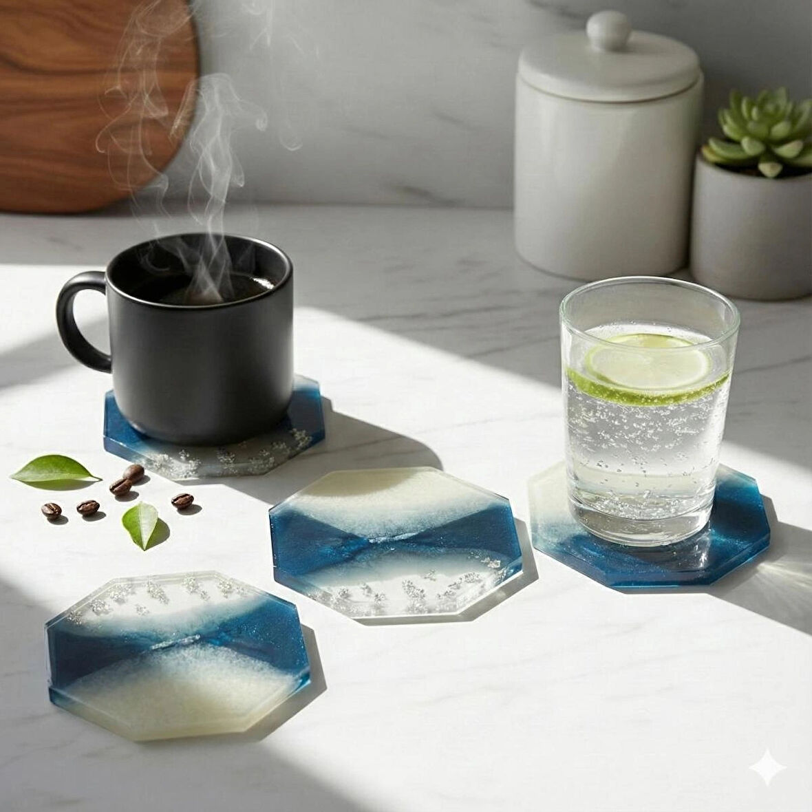 Dekoratif Bardak Altlığı Seti 4'lü - Kırılmaz Cam Görünümlü Leke Tutmaz Kahve Sunum Altlığı