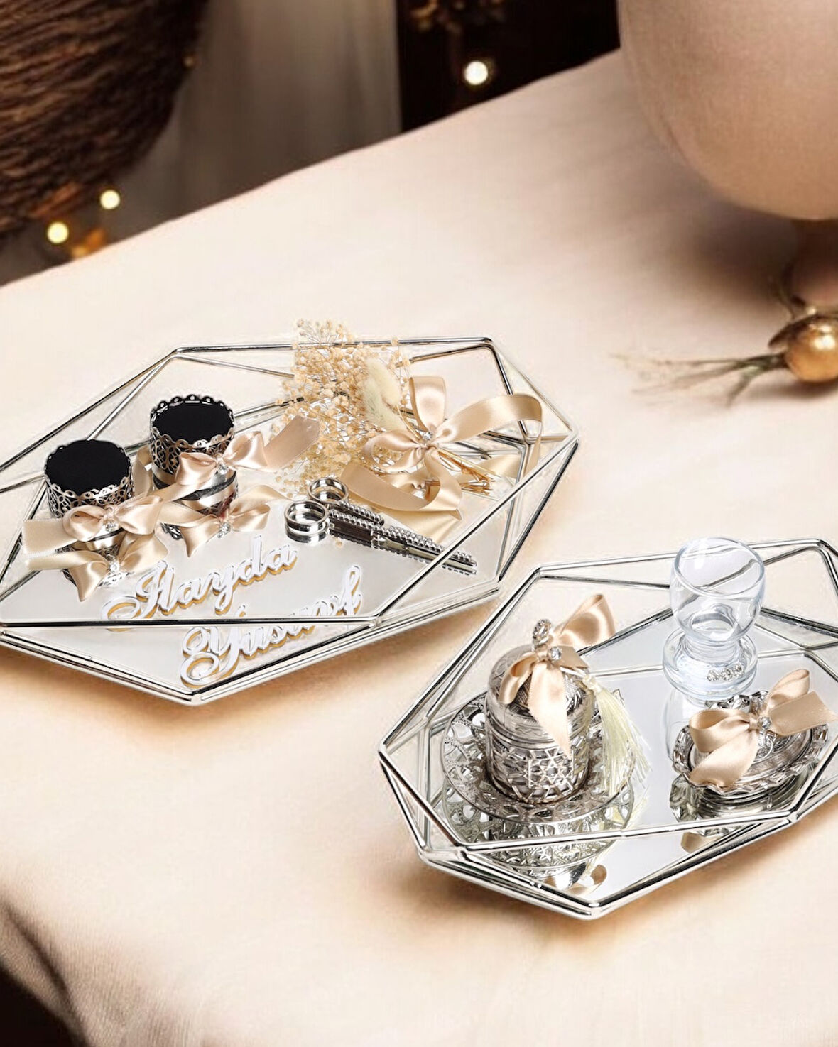 Elation Gümüş Prizma Söz Nişan Tepsisi ve Damat Kahve Fincan Tepsisi