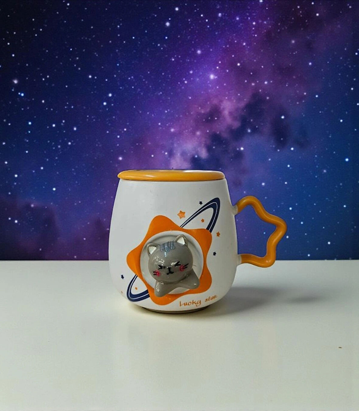  Uzay Temalı Kapaklı Yıldız Kedi Kupa Bardak, Kaşıklı, Şık ve Kullanışlı Tasarım