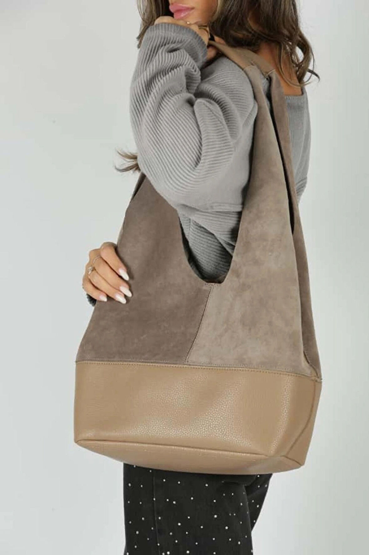 Vizon Süet Ek Portföylü Büyük Boy Omuz Çantası