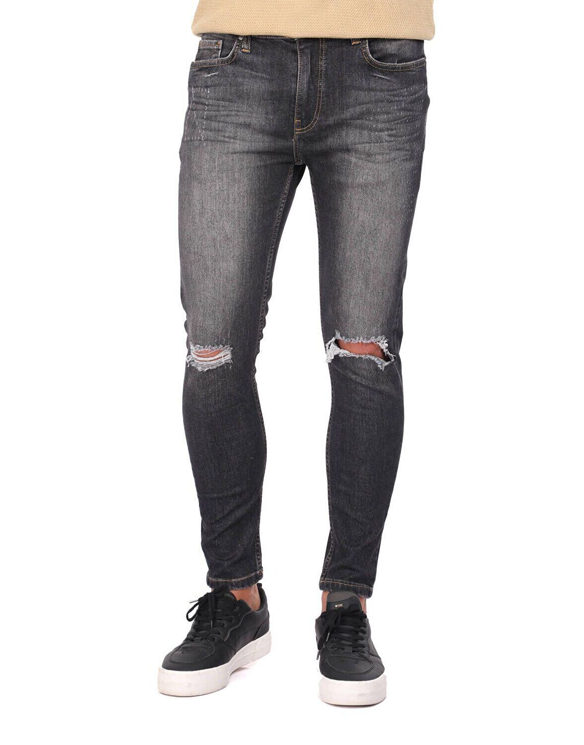 Siyah Yırtık Skinny Fit Erkek Jean Pantolon