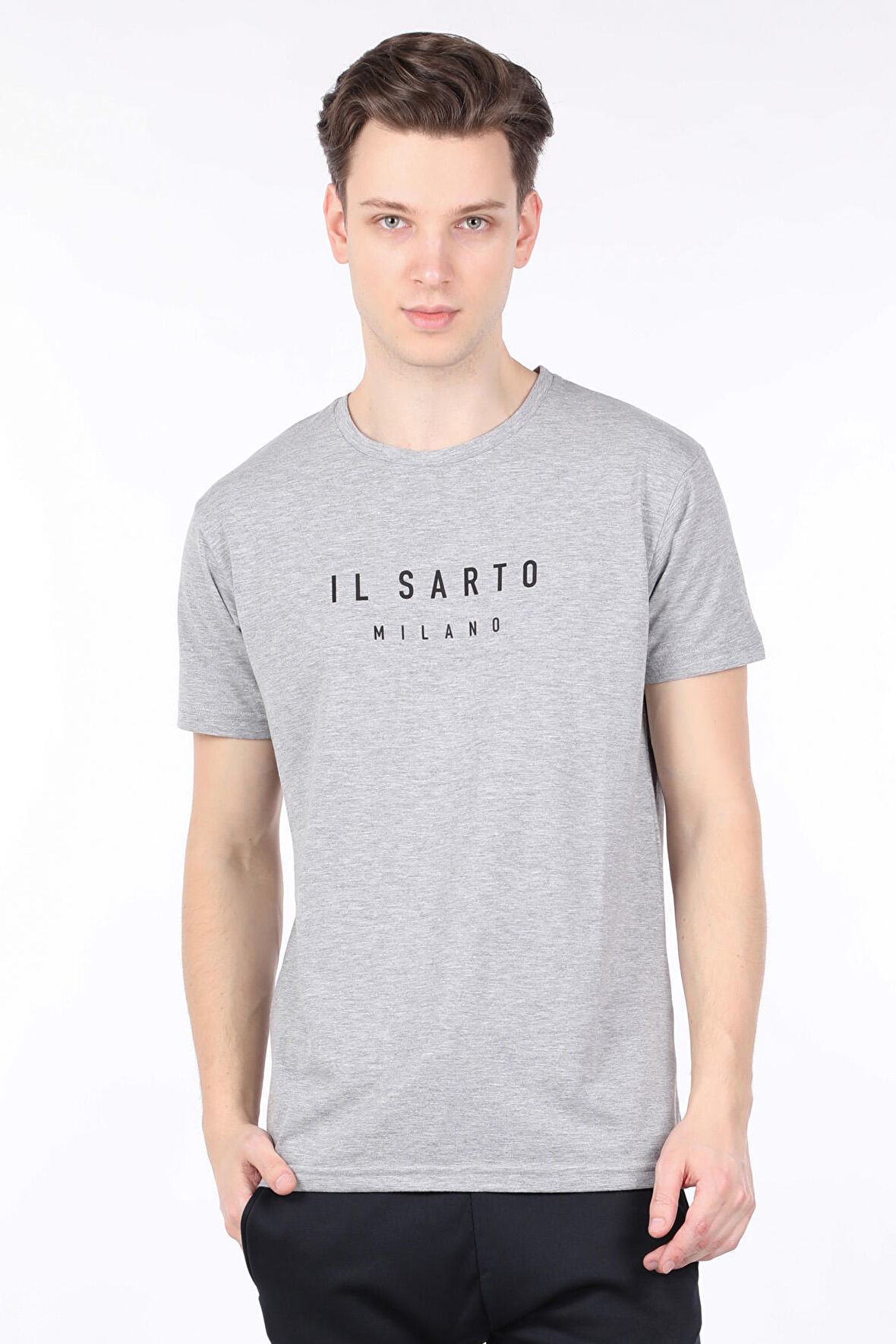 Erkek Gri  Bisiklet Yaka T-shirt