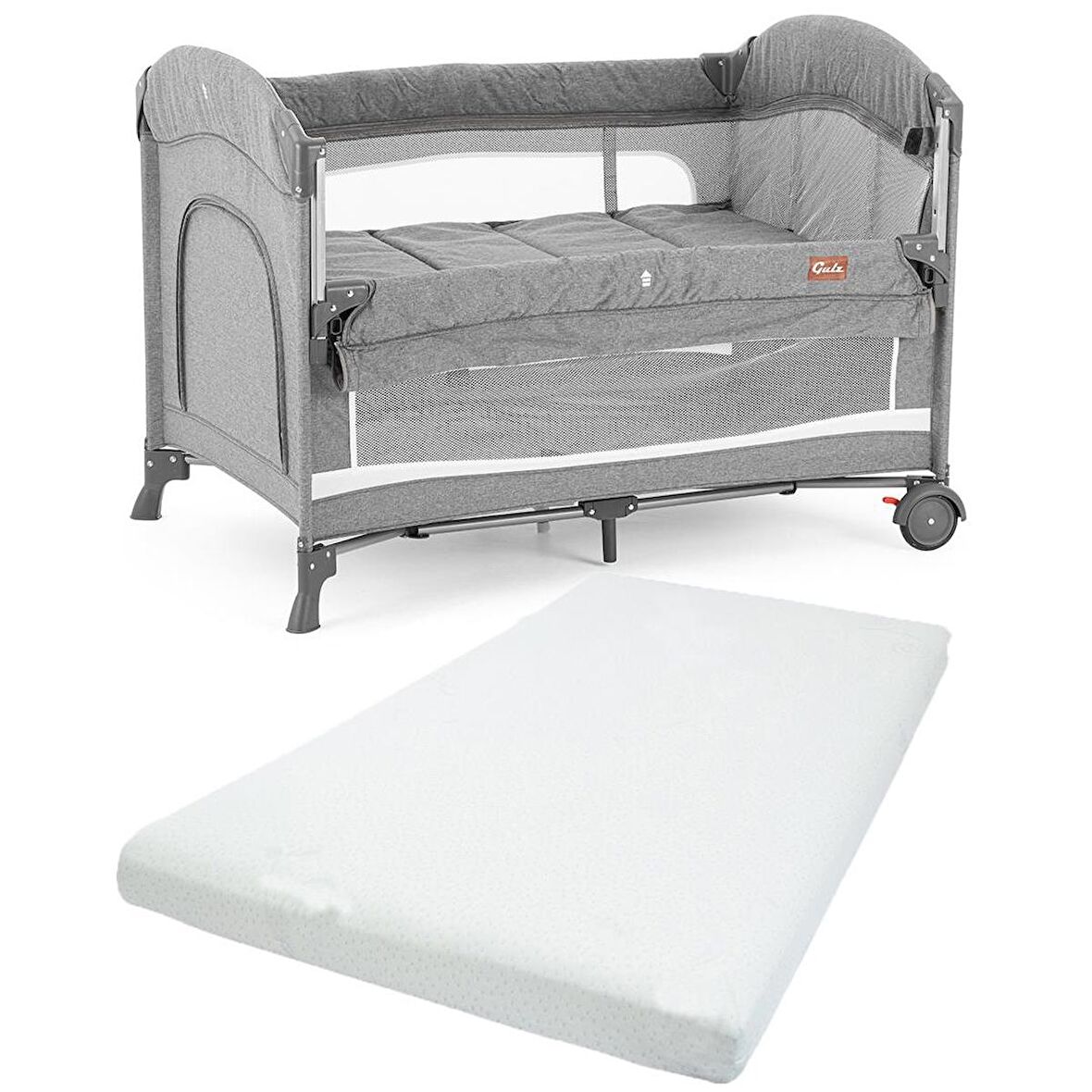 Gulz Omega Anne Yanı Sallanır Cibinlikli Oyun Parkı Bebek Beşik 70x110 cm + Pamuk Yatak Light Grey