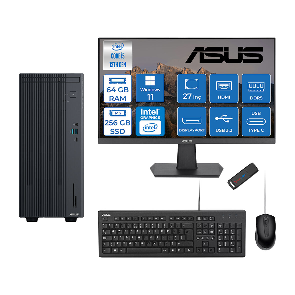 Asus Expertcenter P500MV Intel Core I5-13420H 64GB Ddr5 256GB SSD WIN11PRO 100Hz 27" IPS Mon. Minitower Masaüstübilgisayar WC5136216512B0DW21+ZETTAUSBBELLEK