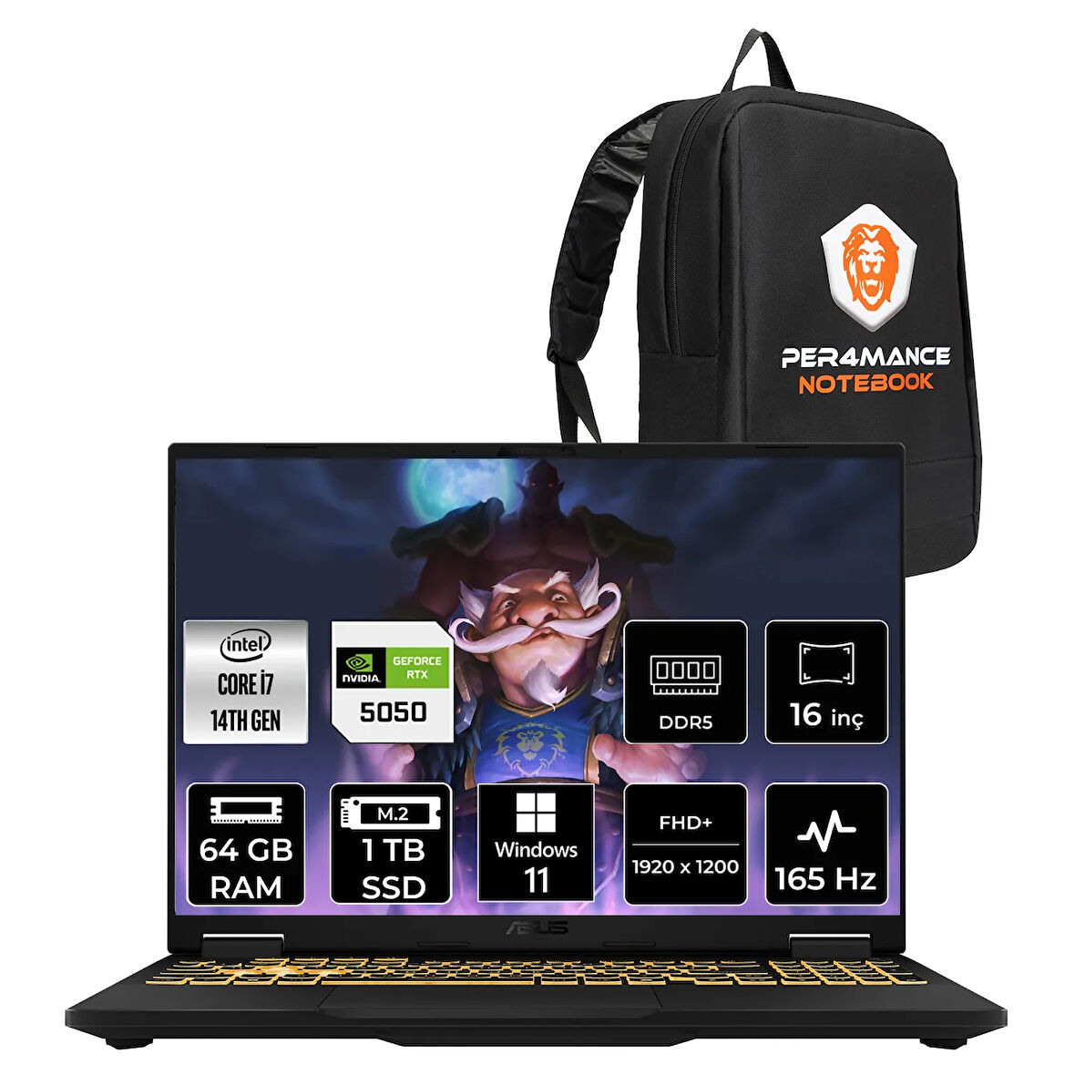 Asus TUF F16 i5 13450HX 64GB 512GB SSD RTX5050/8GB 115W 165Hz 16'' WUXGA W11H Gaming Laptop FX608JH