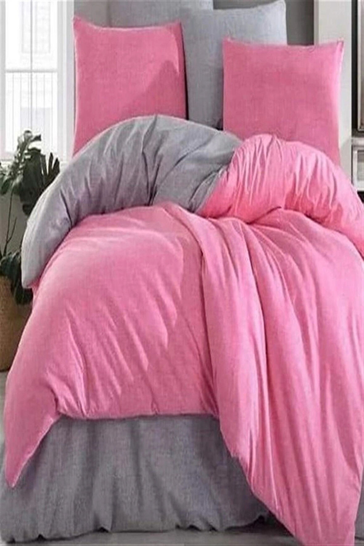 Tek Kişilik Nevresim Takımı  Lastikli Çarşaf  50x70 Yastık Kılıfı Fuşya  Antrazit