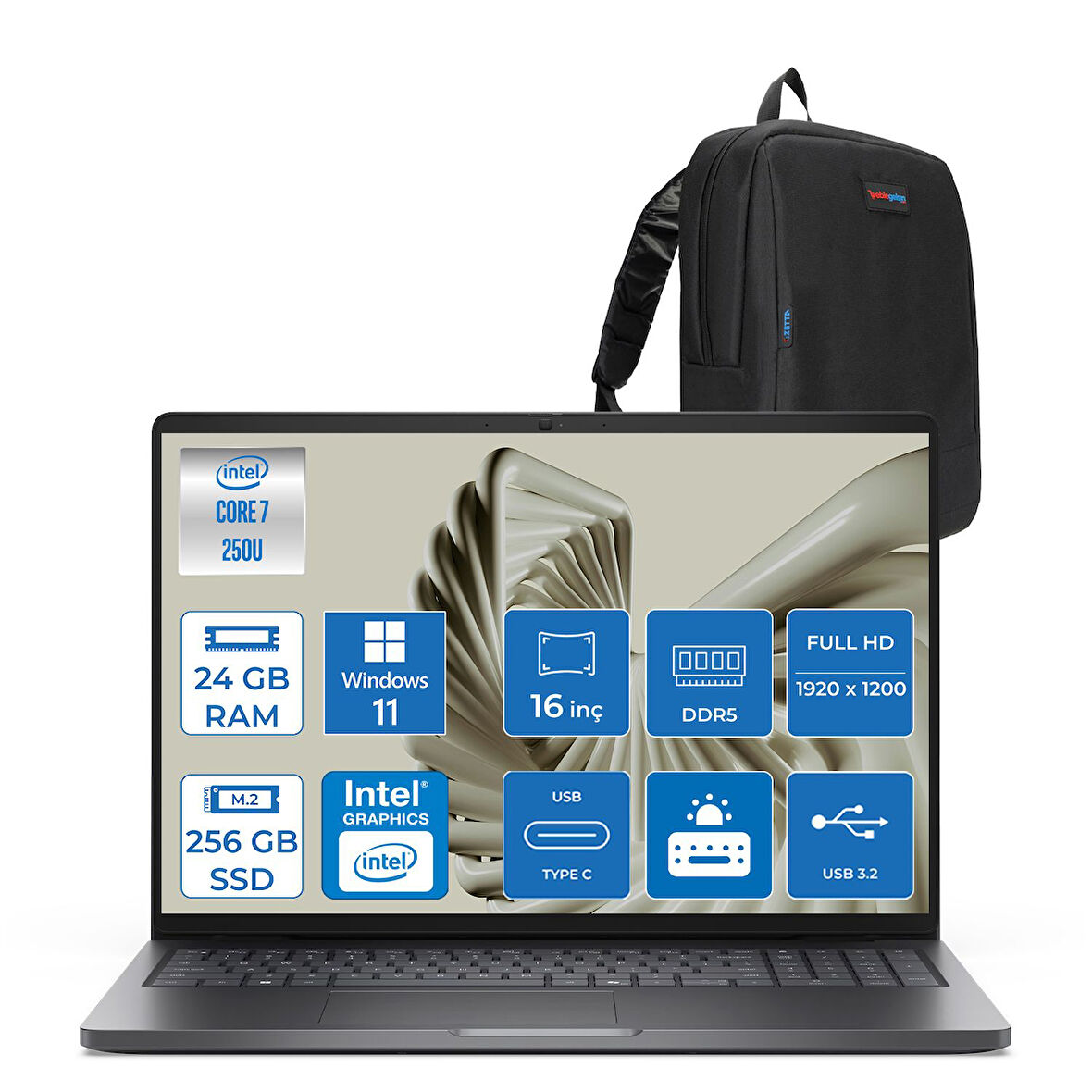 Dell Pro 16 PC16250 Intel Core 7 250U 24GB Ddr5 256GB SSD 16 Fhd+ IPS (1920X1200) 300 Nits WIN11PRO Taşınabilir Bilgisayar. PC16250C7325P01+ZETTAÇANTA