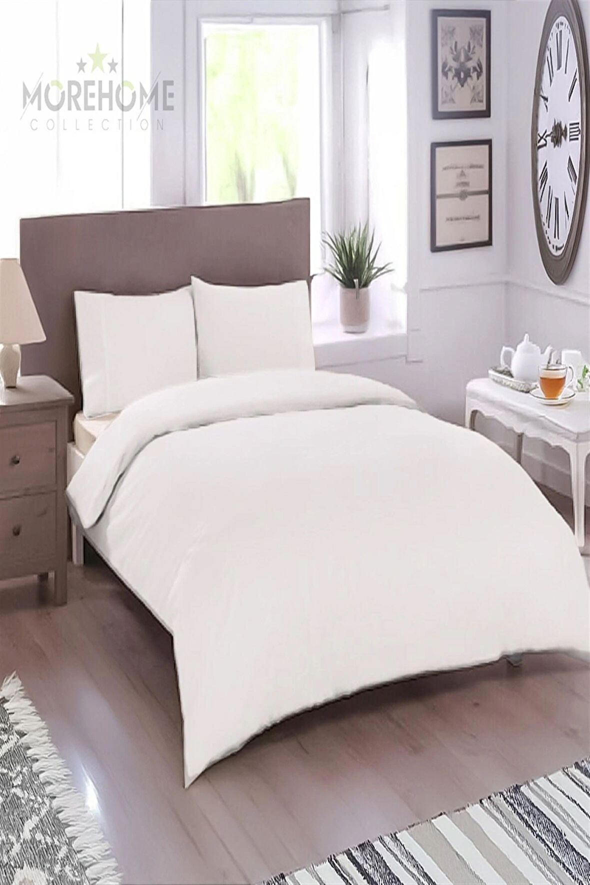 More Home  Tek  Kişilik Pamuklu Nevresim Takımı  Lastikli Çarşaflı  Beyaz 