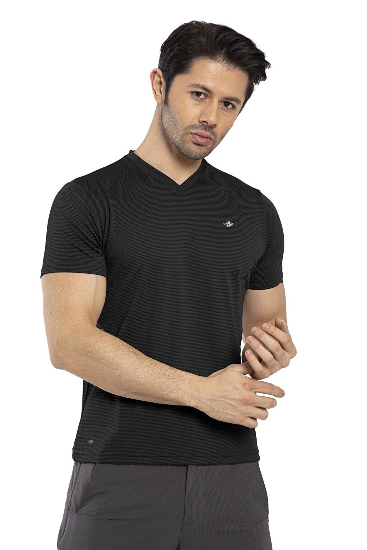 Crozwise Waffle - Erkek Siyah V Yaka Spor T-shirt - 7130-10