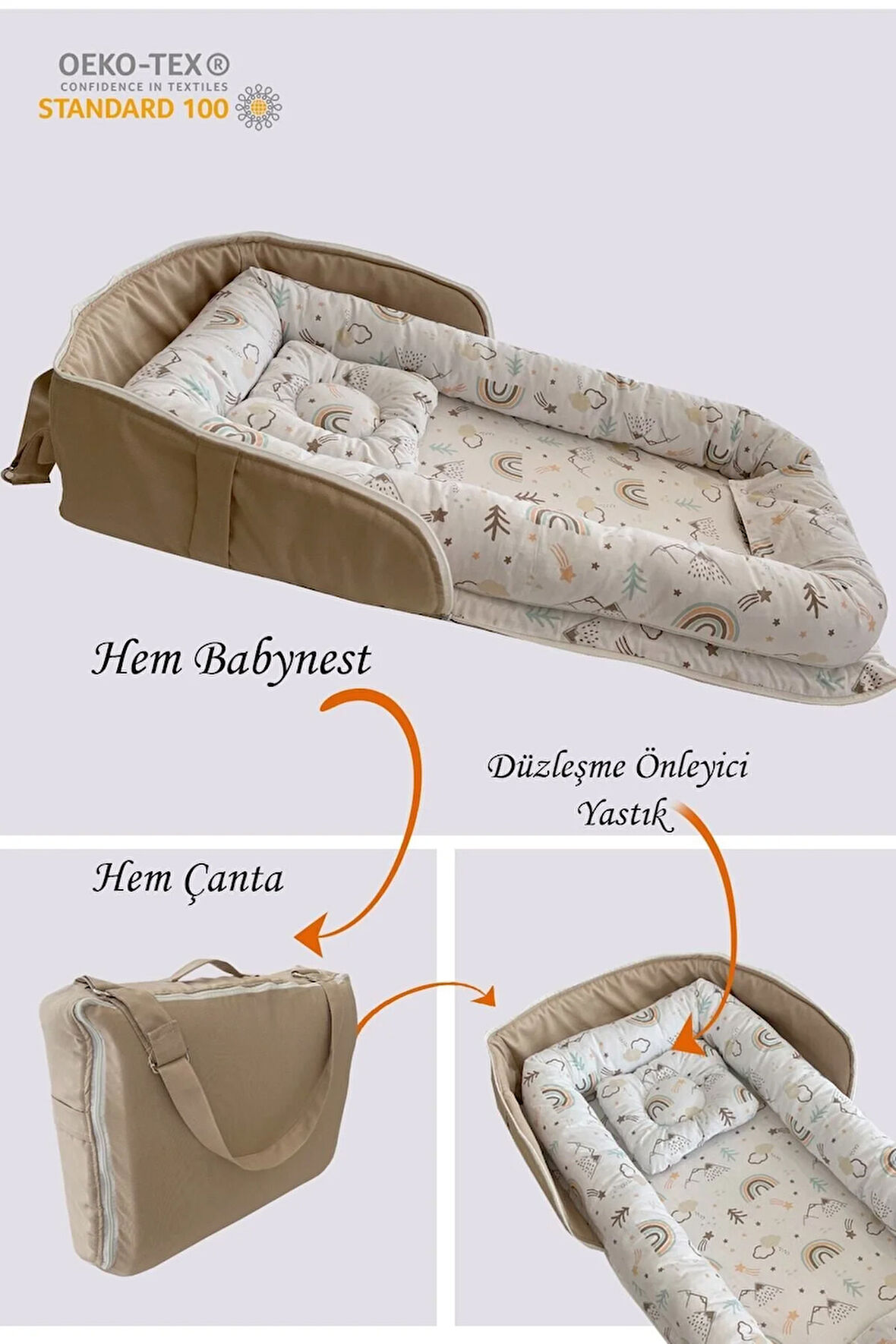 Kahve Dağ Desenli Çantalı Babynest Bebek Çantası Taşınabilir Anne Yanı Yatağı Baby Nest