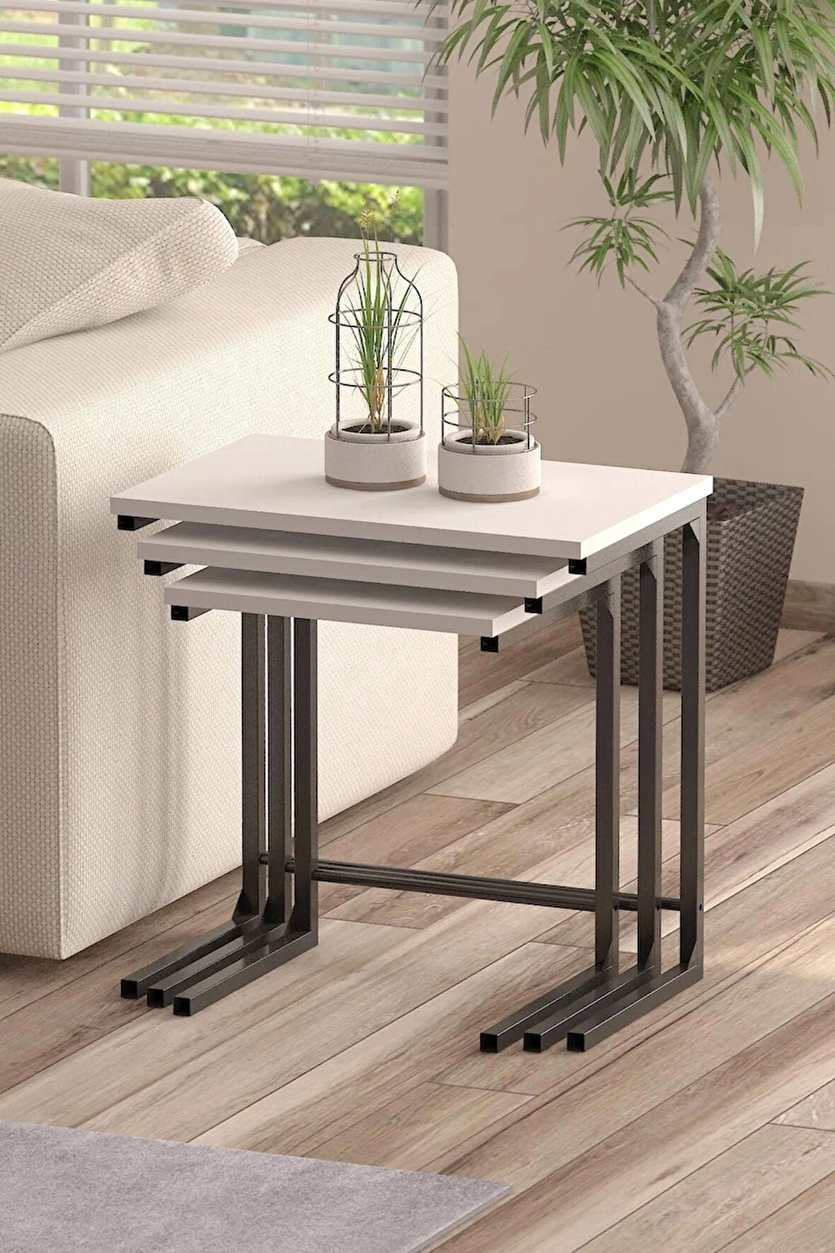 3’lü Beyaz- Siyah Renk Zigon Sehpa Metal Zigon Sehpa C Sehpa Servis Sehpası