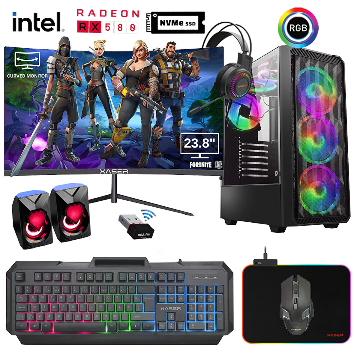 Xaser GX15 i5 4570 16GB Ram 512GB M.2 NVMe SSD 8GB RX580 23.8" Curved Oyuncu Bilgisayarı
