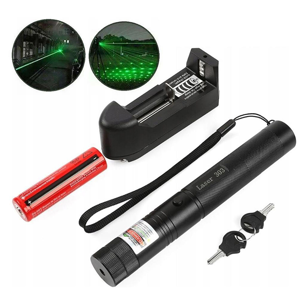 18650 Pi̇lli̇ Şarjli Anahtar Emni̇yetli̇ Yeşi̇l Lazer Pointer (50 Km)