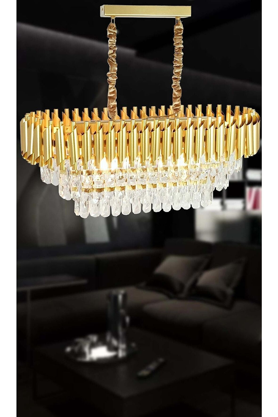 BirsenAydınlatma Roza Varaklı Gold 75x35 Kristal Taşlı Lüks Avize