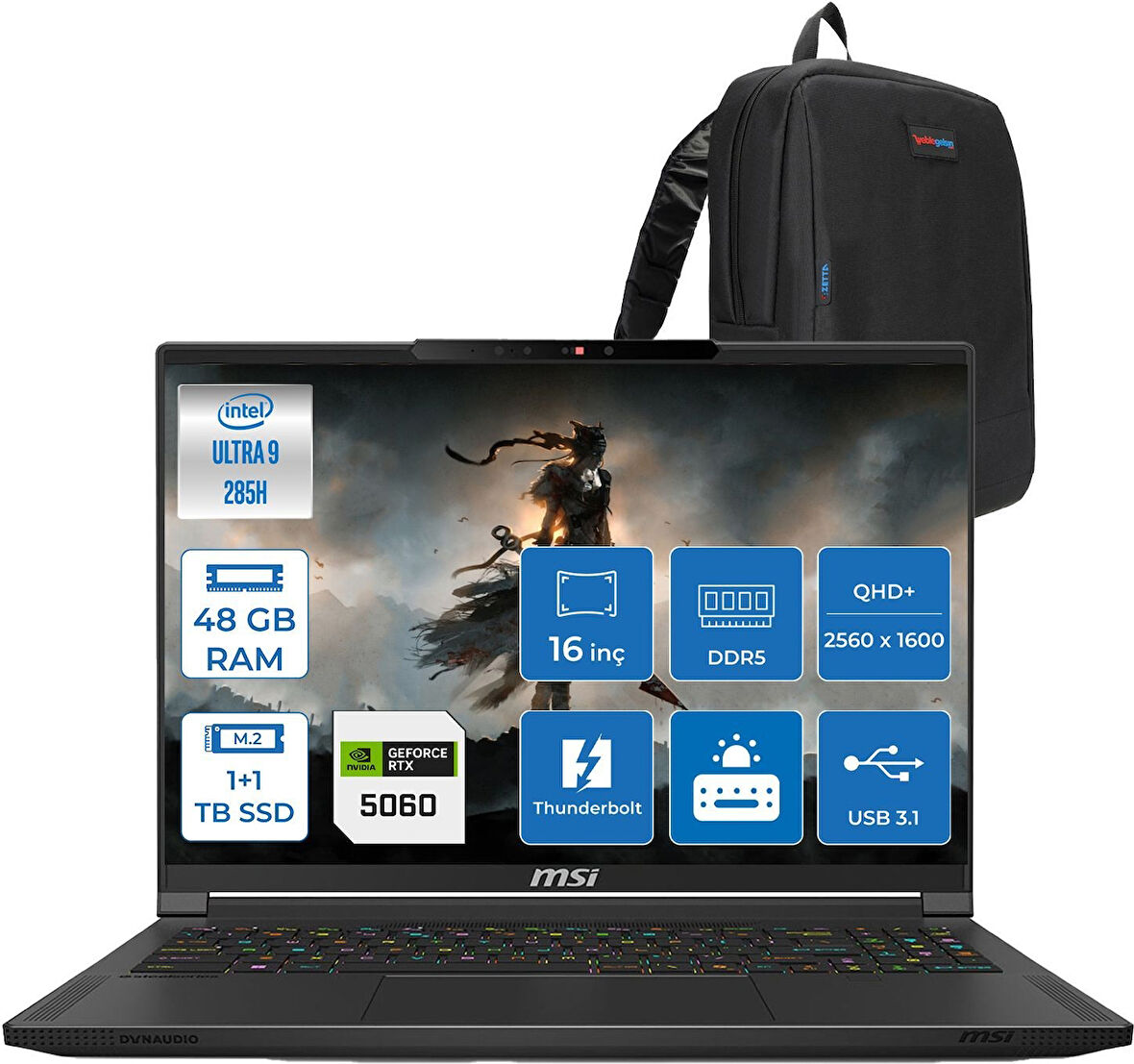 Msı Stealth 16 Aı A2HWFG-062TR Intel Core Ultra 9-285H Aı 48GB 1tb Ssd+1tb SSD 8GB/RTX5060 95W 16″ 16:10 Qhd+ (2560 x 1600) Oled, 240hz Freedos Gaming Laptop Z062TRF20+ZETTAÇANTA