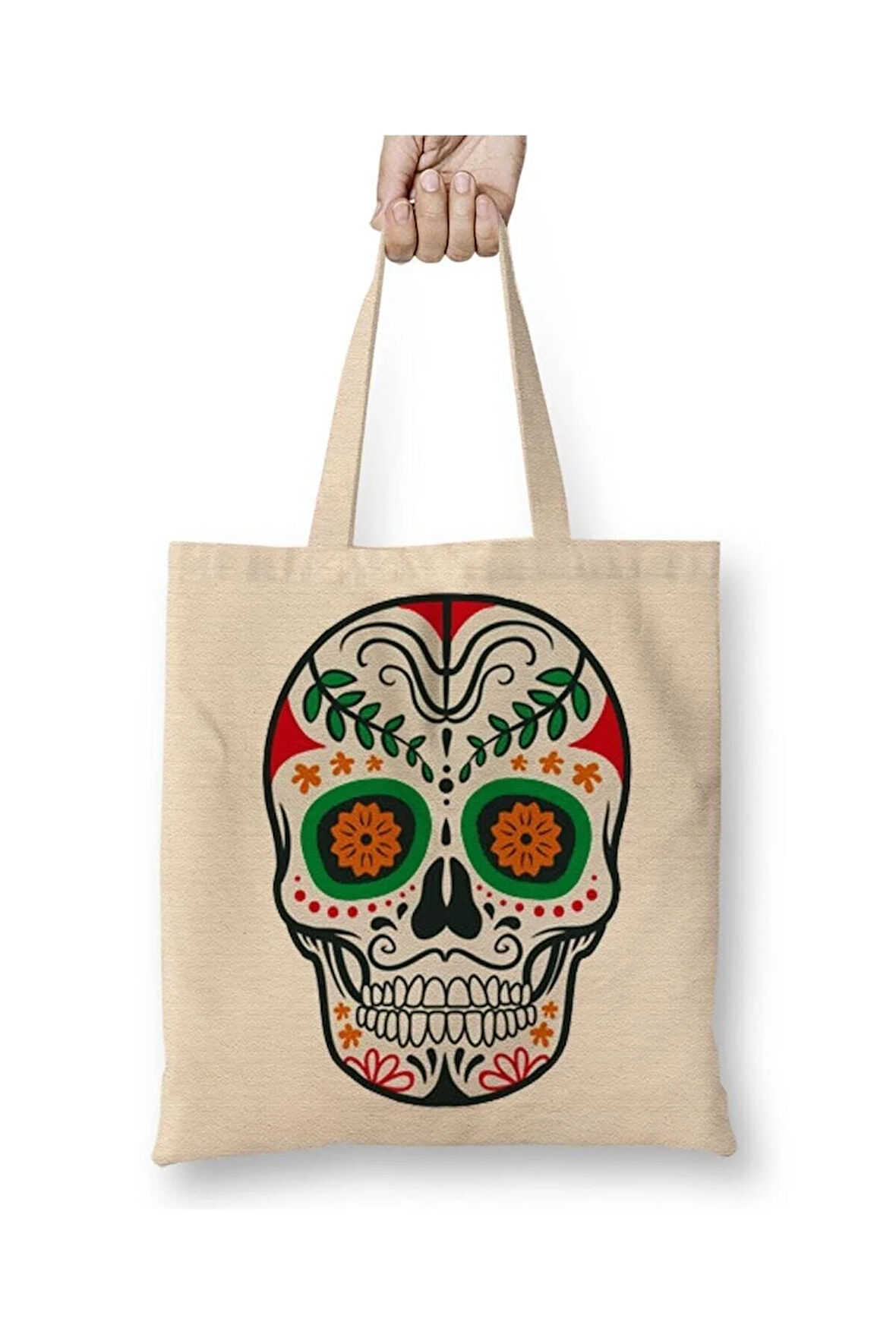 Renkli Ve Desenli Kuru Kafa Skull Beyaz Bez Çanta Uzun Saplı Alışveriş Çantası Plaj Çantası