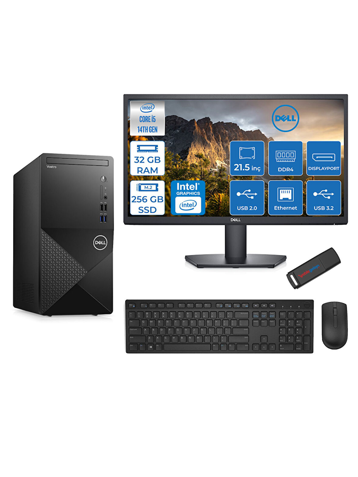 Dell Vostro 3020MT Intel Core I5 14400 32GB 256GB SSD Freedos 21.5 Fhd Monitör Bilgisayar ZTN2042VDT3020MTMF116+ZETTAUSBBELLEK