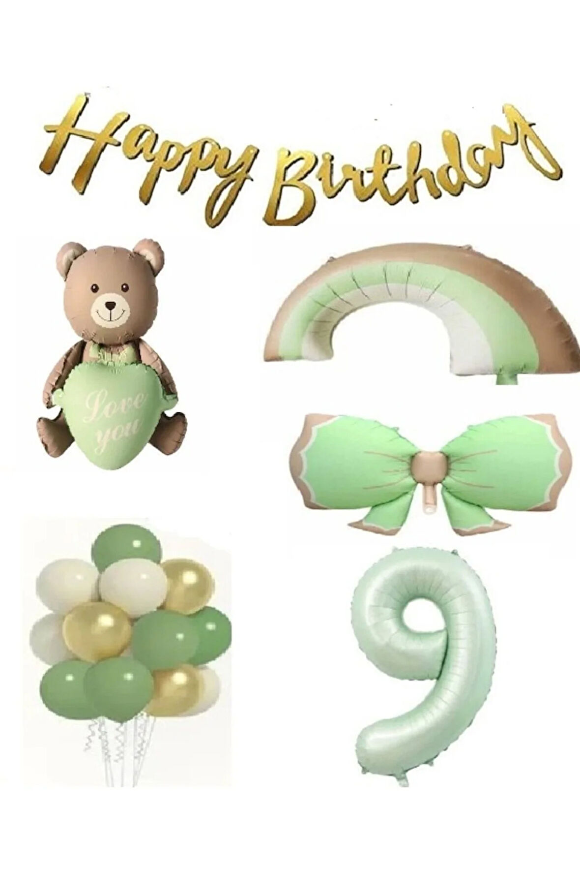 retro yeşil fiyonk gökkuşağı folyo balonlu yaş balon set