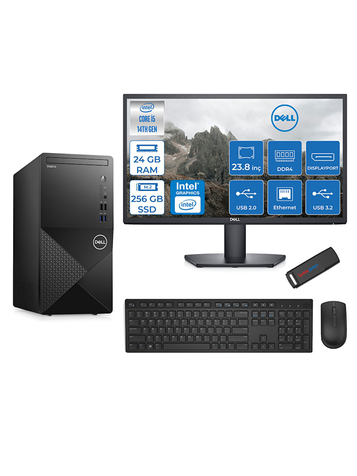 Dell Vostro 3020MT Intel Core I5 14400 24GB 256GB SSD Freedos  23.8 Fhd Monitör Bilgisayar ZTN2042VDT3020MTNF111+ZETTAUSBBELLEK