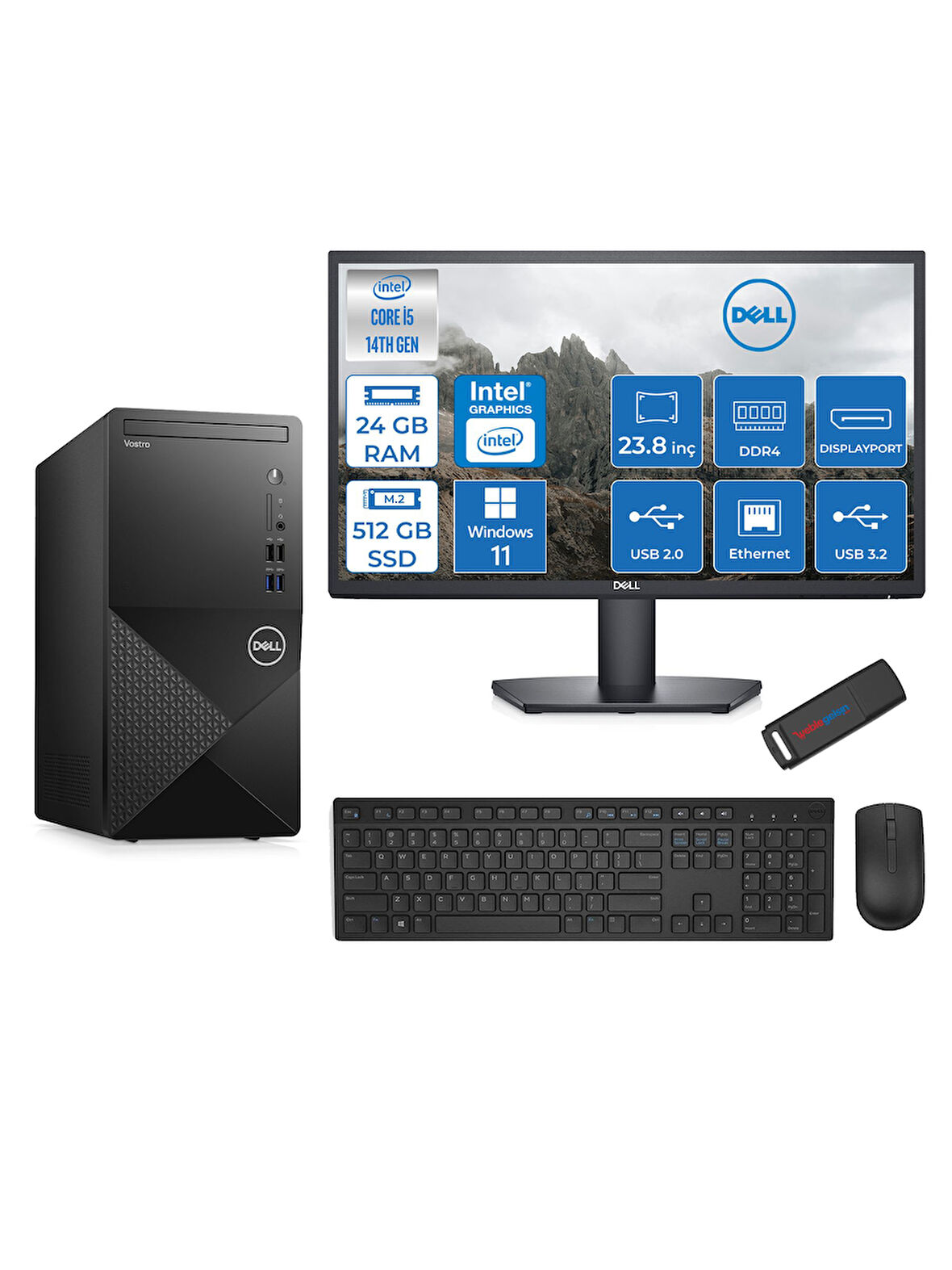 Dell Vostro 3020MT Intel Core I5 14400 24GB 512GB SSD Windows 11 Pro 23.8 Fhd Monitör Bilgisayar ZTN2042VDT3020MTNW112+ZETTAUSBBELLEK