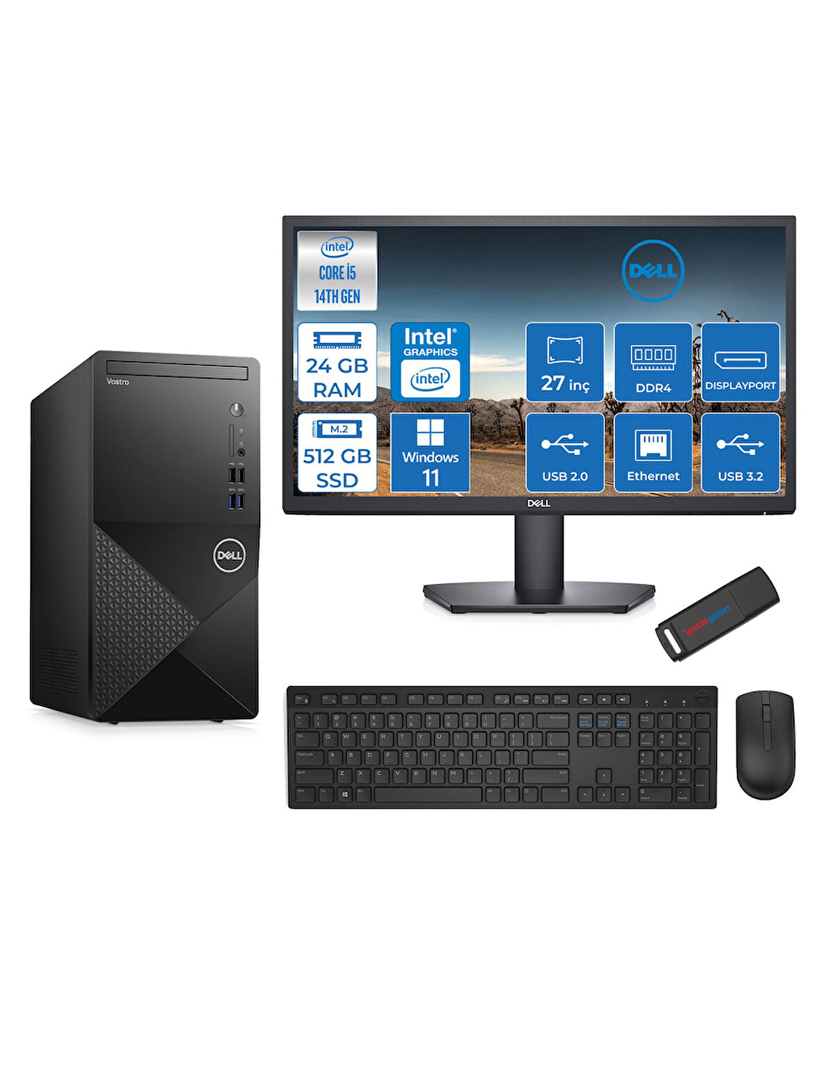 Dell Vostro 3020MT Intel Core I5 14400 24GB 512GB SSD Windows 11 Home 27" Fhd Monitör Bilgisayar ZTN2042VDT3020MT7H112+ZETTAUSBBELLEK