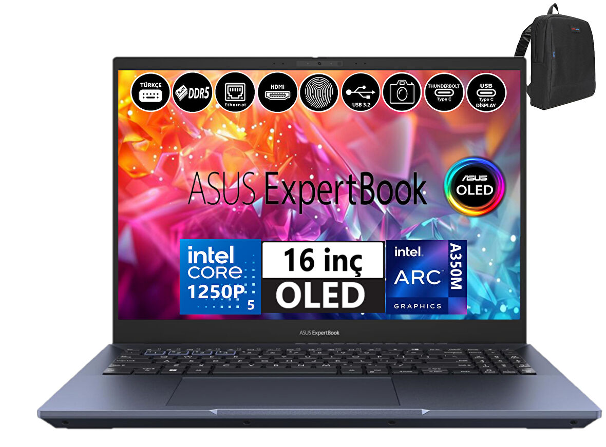 Asus Expertbook WB5602CBN-L20164 Intel Core I5 1250P 16GB Ddr5 512GB SSD 16" OLED 4K 4gb ARCA350M  Freedos Taşınabilir Bilgisayar WL2016401+WEBLEGELSINÇANTA