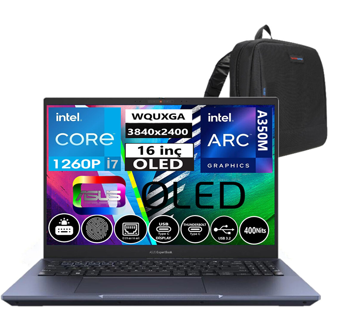 Asus Expertbook B5602CBN-I71260165 Intel Core I7 1260P 24GB Ddr5 512GB SSD 16" OLED 4gb ARCA350M WINDOWS11PRO Taşınabilir Bilgisayar 090NX05K1-M00L0029+WEBLEGELSINÇANTA